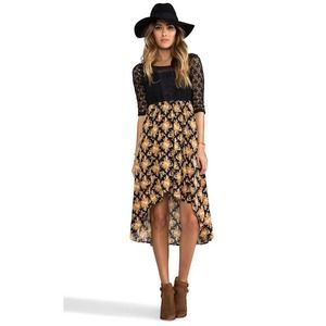 Free People Lonesome Dove High Low Dress Women's 6 Black Yellow Lace Embroidered